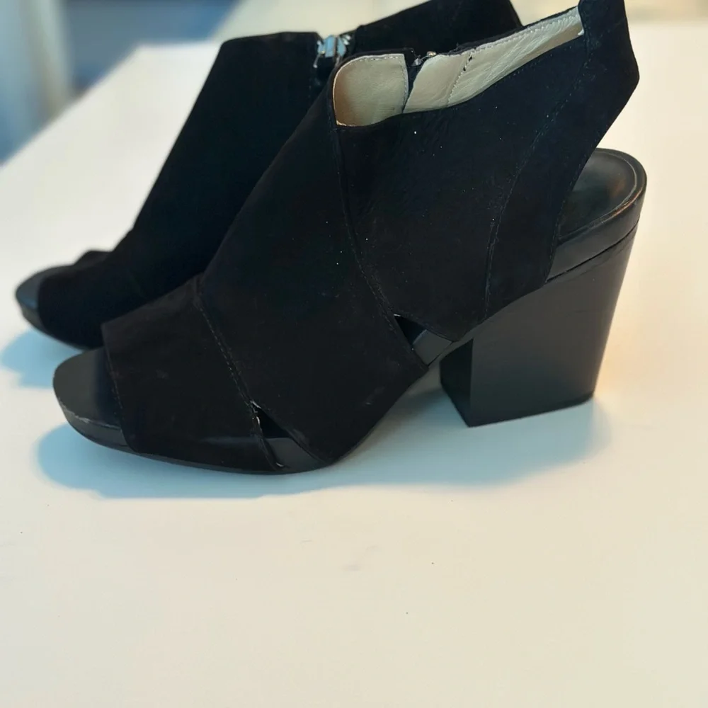 Black Suede Heeled Boots with Open Toe and Sleek Design - Picture 2 of 9